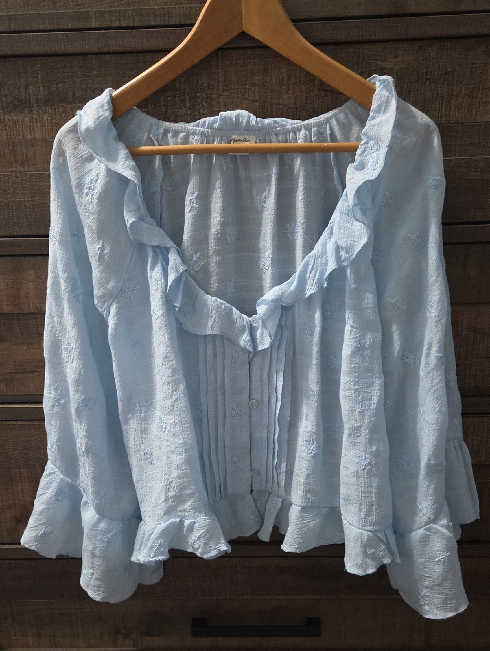 Kimchi Blue Light Blue Ruffle-Front Button Down Shirt